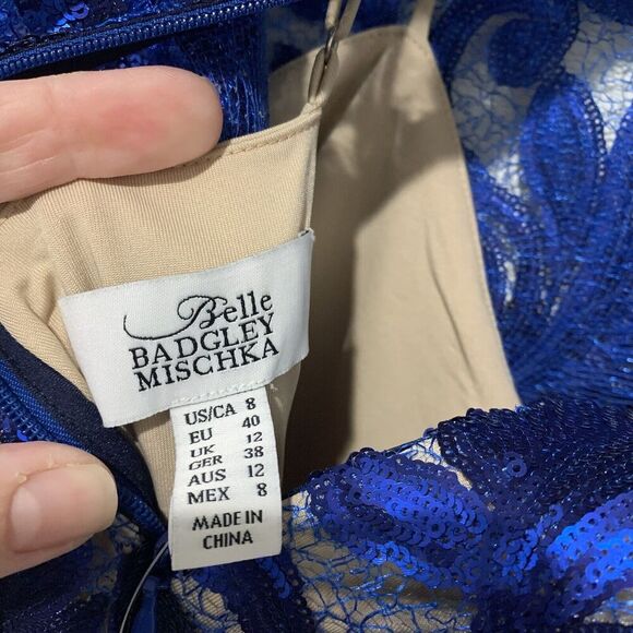 Belle Badgley Mischka | Dress Gloria Blue Sequin Short Sleeve Knee Length NWT- 8 - Picture 7 of 10